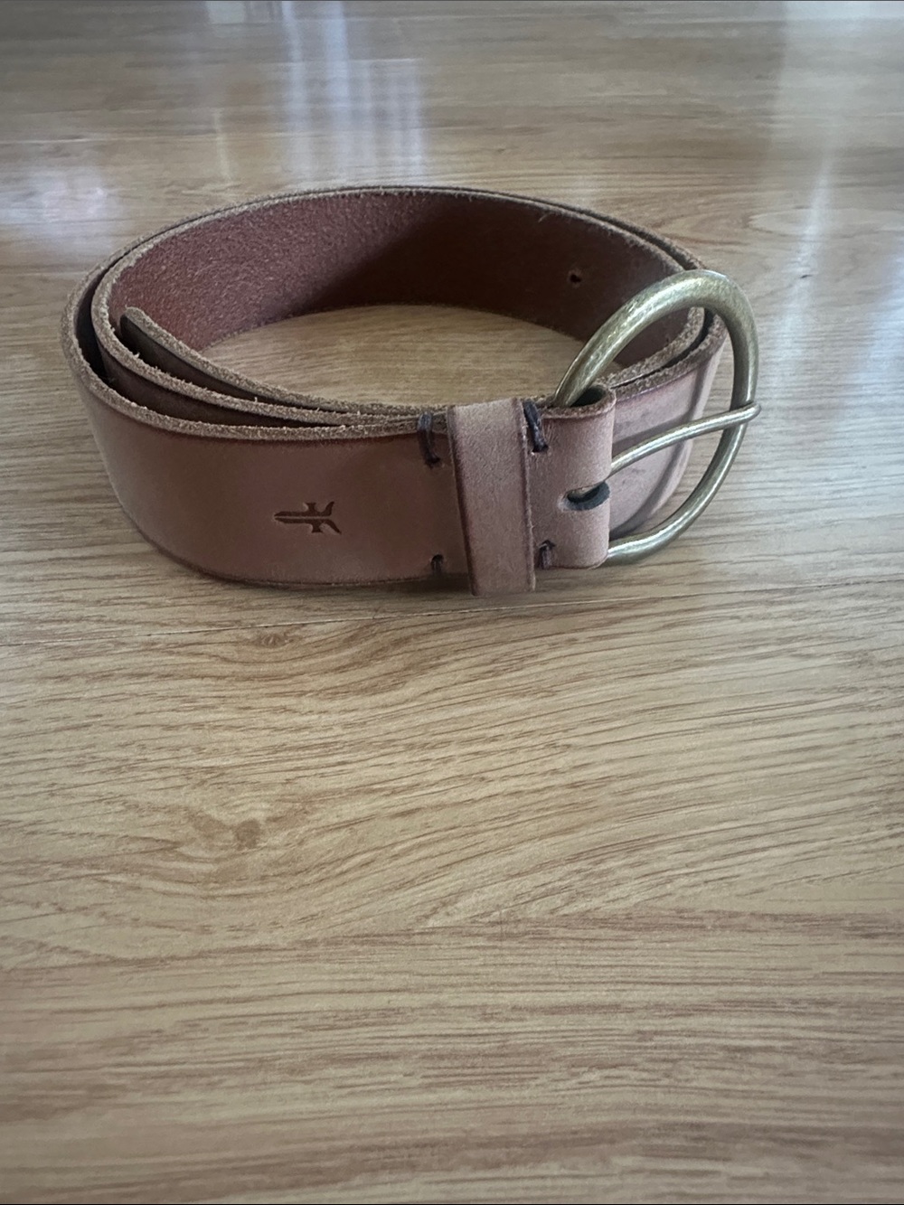 Frye Tan Leather Belt with Brass Double-Ring Buckle